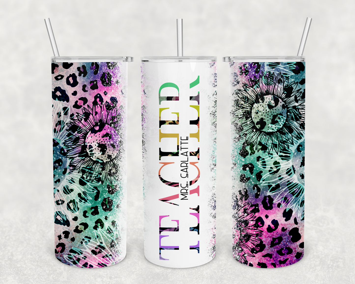 Mrs. Sarlatte Purple Teal Sunflower Animal Print Teacher Tumbler