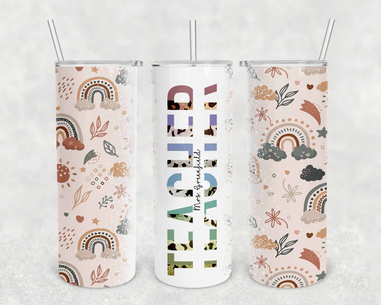 Mrs. Greenfield Boho Rainbow Teacher Tumbler